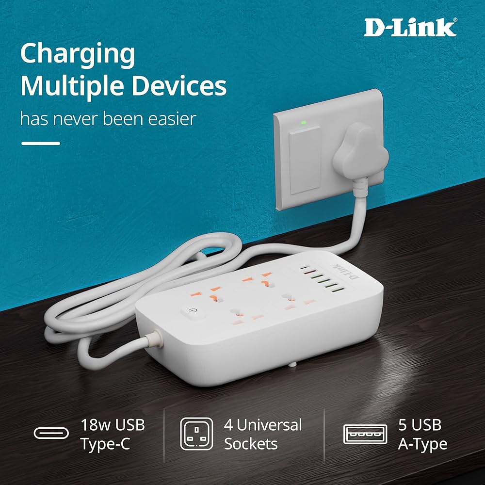D-Link Power Strip with 4 Universal Sockets with Child Security + 5 USB Ports + 1 Type-C Port, High Temperature Fuse Protector, 1500W with 2 Meter Cable, 250 Volts hover